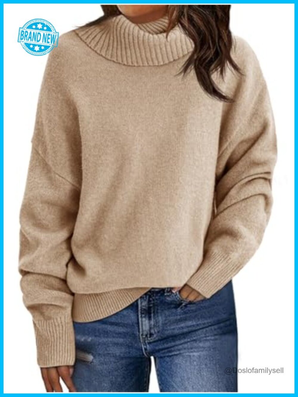 Turtleneck Sweater Cowl Neck Loose Fit Long Sleeve Knit Pullover